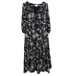 Cynthia Rowley Floral Tiered boho Dress Size 2 Black‎ Brown Swiss Dot Tie Neck